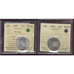 1966 25¢ & 1968 Silv ICCS MS66.  Lot of 2 coins.