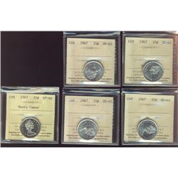 1967 25¢ ICCS MS65.  Lot of 5 coins with 1 designated Heavy Cameo.