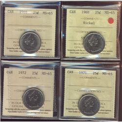 1968 25¢ Nickel, 1969, 1971 & 1972 ICCS MS65.  Lot of 4 coins.