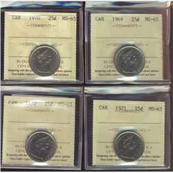 1969 25¢, 1970, 1971, & 1972 ICCS MS65.  Lot of 4 coins.