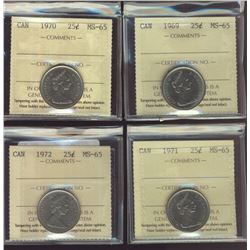 1969 25¢, 1970, 1971, & 1972 ICCS MS65.  Lot of 4 coins.