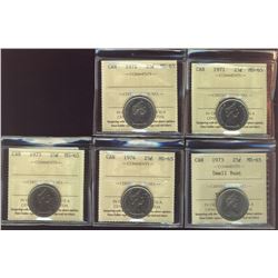 1971 25¢, 1972, 1973 Sml Bust, 1974 & 1975 ICCS MS65.  Lot of 5 coins.