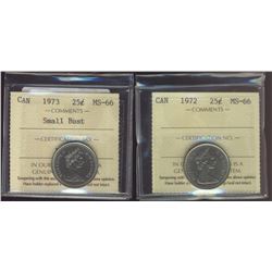 1972 25¢ & 1973 ICCS MS66.  Lot of 2 coins.