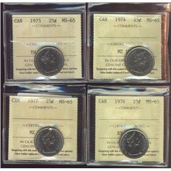 1974 25¢, 1975, 1976 & 1977 ICCS MS65.  Lot of 4 coins.