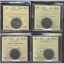 1974 25¢, 1975, 1977 & 1978 Sml ICCS MS65.  Lot of 4 coins.