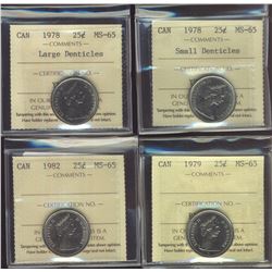 1978 25¢ Sml, 1978 Lg, 1979 & 1982 ICCS MS65.  Lot of 4 coins.