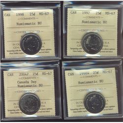 1997 25¢ 1998, 1998W & 2004P Moose ICCS MS67NBU.  Lot of 4 coins.