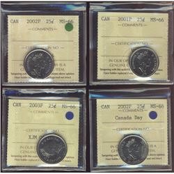 2001P 25¢, 2002P,  2002P Canada Day & 2003P ICCS MS66.  Lot of 4 coins.