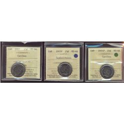 2005P 25¢ Caribou, 2005P Saskatchewan & 2007 ICCS MS66.  Lot of 3 coins.