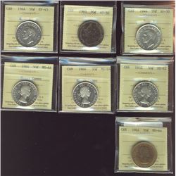 1944 50¢ Nr, 1965 AU50, 1944 Nr EF45, 1958 MS62 & 1964(3) MS64 (2 issues Heavy Cameo).  Lot of 7 coi