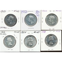 1950 50¢ Des(2), 1952, 1953 SD, 1954 & 1955 all MS60+++.  Lot of 6 pcs.