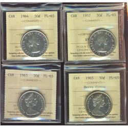 1957 50¢, 1964, 1965 & 1965 HC all ICCS PL65.  Lot of 4 coins.