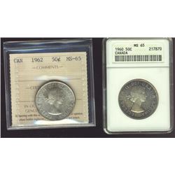 1961 50¢ ANACS & 1962 ICCS,  Lot of 2 coins both graded MS65.