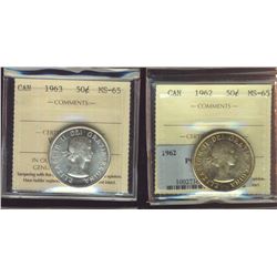 1962 50¢ & 1963 ICCS MS65.  Lot of 2 coins. With 1962 crossed PCGS.