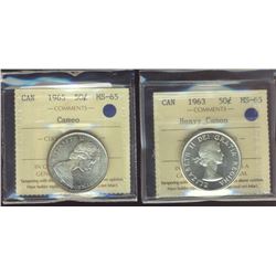 1963 50¢ Heavy Cameo & 1965 Cameo both ICCS MS65.  Lot of 2 coins.