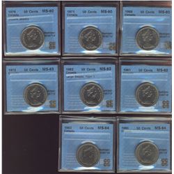 1968 50¢, 1971, 1978 MS60, 1981 MS62, 1982 T1, 1972 MS63 & 1980, 1983 MS64.  Lot of 8 coins all CCCS