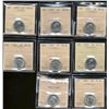 1922 5¢, 1929, 1931, 1932, 1938, 1939, 1940 & 1947ML all ICCS MS60.  Lot of 8 coins.