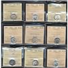 1937 10¢, 1938, 1941, 1943, 1944, 1945, 1946, 1949 & 1953 NSF all ICCS MS64.  Lot of 9 coins.