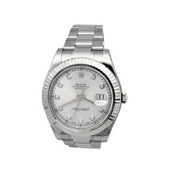 41MM Gents Rolex Stainless Steel Oyster Perpetual Datejust II. Silver 10 round diamond dial. 18k Whi