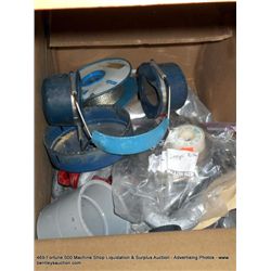BOX: MISCELLANEOUS HARDWARE, CROSBY, I-HOOKS, BORE HOLE BIT, SMITH & WESSON EAR PROTECTION