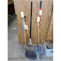 YARD TOOLS: 2 SHOVELS, PICK, BROOM, PITCHFORK & RAKE, 6X THE MONEY