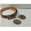Image 1 : LOT 4 (3) BELT BUCKLES & LEATHER HAND TOOLED BELT