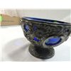 Image 2 : COBALT BLUE GLASS BOWL IN METAL PEDISTAL HOLDER