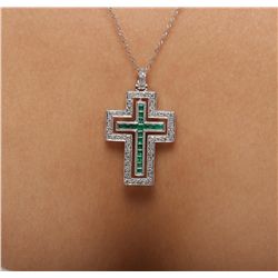 14KT White Gold 0.62ctw Emerald and Diamond Cross Pendant With Chain