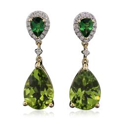 14KT Yellow Gold 7.97ctw Peridot, Tsavorite and Diamond Earrings