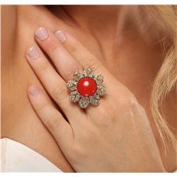 14KT Yellow Gold 9.36ct Coral and Diamond Ring