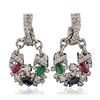 Image 3 : 14KT White Gold 0.60ctw Emerald, Ruby, Sapphire, and Diamond Earrings