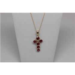 14K GOLD RUBY & DIAMOND CROSS PENDANT NECKLACE