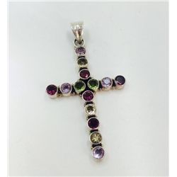 Sterling Silver .925  Multi Gemstone Cross Pendant 12.08g Dim.35x60mm