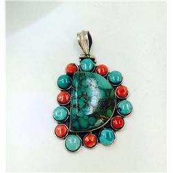 Sterling Silver .925 Coral & Turquoise Pendant 18.41g Dim.34x45mm