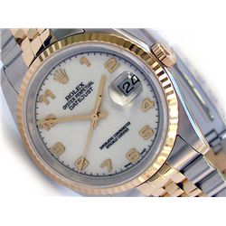 36mm Rolex 18k Gold & Stainless Steel Oyster Perpetual Datejust Watch. White Arabic Dial. 18k Yellow