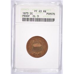 1873 PROOF TWO CENT PC ANACS PF-63 RB (CLOSED 3)