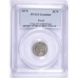 1870 PROOF THREE CENT NICKEL PCGS GENUINE