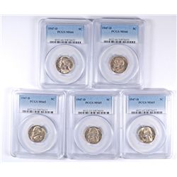 (5) 1947-D JEFFERSON NICKELS PCGS MS-65/66