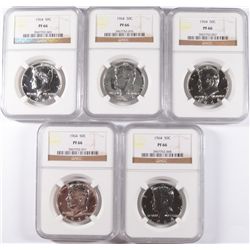 LOT OF ( 5 ) 1964 KENNEDY HALF DOLLARS, NGC PROOF-66