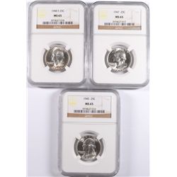 LOT OF ( 3 ) WASHINGTON QUARTERS NGC MS-65: 1945, 1947, AND 1948-S