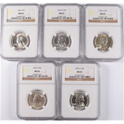 ( 5 ) WASHINGTON QUARTERS, NGC MS-65: 1953-S, 1953-D, 1954, 1954-S & 1954-D