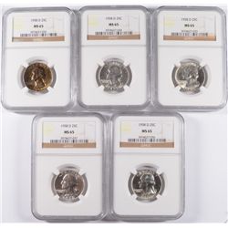 LOT OF ( 5 ) 1958-D WASHINGTON QUARTERS, NGC MS-65