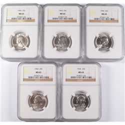 LOT OF ( 5 ) 1964 WASHINGTON QUARTERS, NGC MS-65