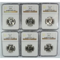LOT OF ( 6 ) 1964-D WASHINGTON QUARTERS, NGC MS-65