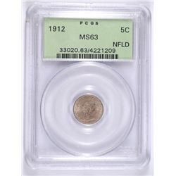 1912 FIVE CENT NEWFOUNDLAND PCGS MS-63