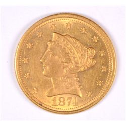 1874 $2.50 GOLD LIBERTY MS-62 CLEANED