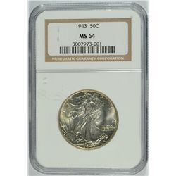 1943 WALKING LIBERTY HALF DOLLAR NGC MS-64
