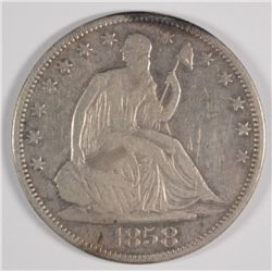 1858 SEATED HALF DOLLAR, VF has a few scratches