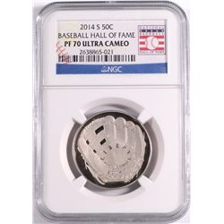 2014 BASEBALL HALL OF FAME PROOF HALF DOLLAR, NGC PROOF-70 ULTRA CAMEO