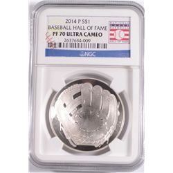2014 BASEBALL HALL OF FAME SILVER DOLLAR, NGC PROOF-70 ULTRA CAMEO  WOW!!